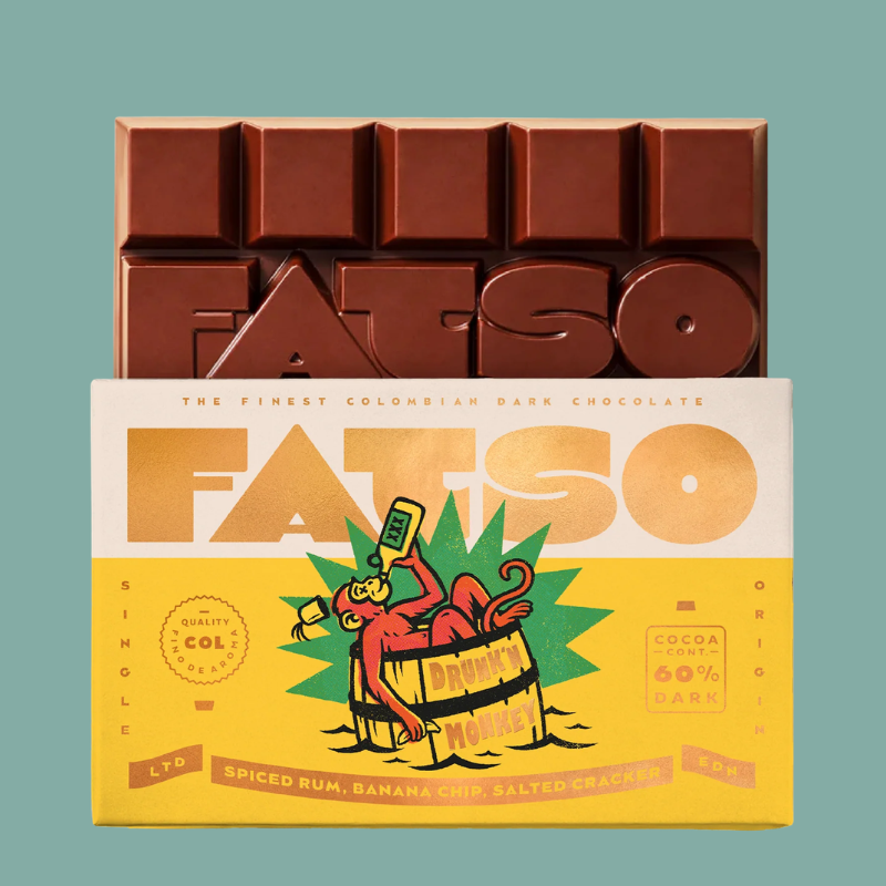 Chocolate bar and packaging with 'FATSO' branding on a teal background