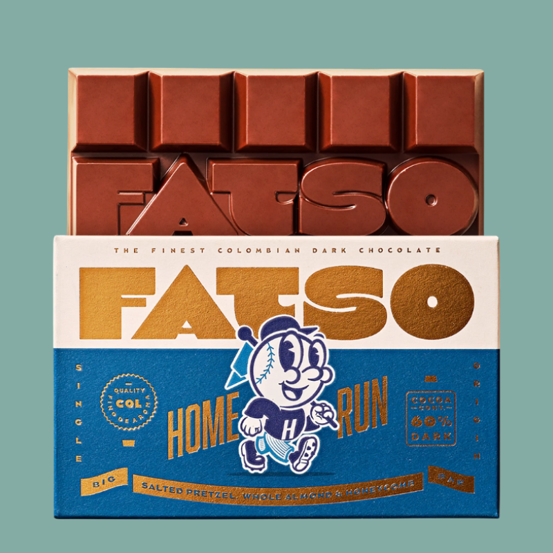 Chocolate bar and packaging with 'FATSO' branding on a teal background