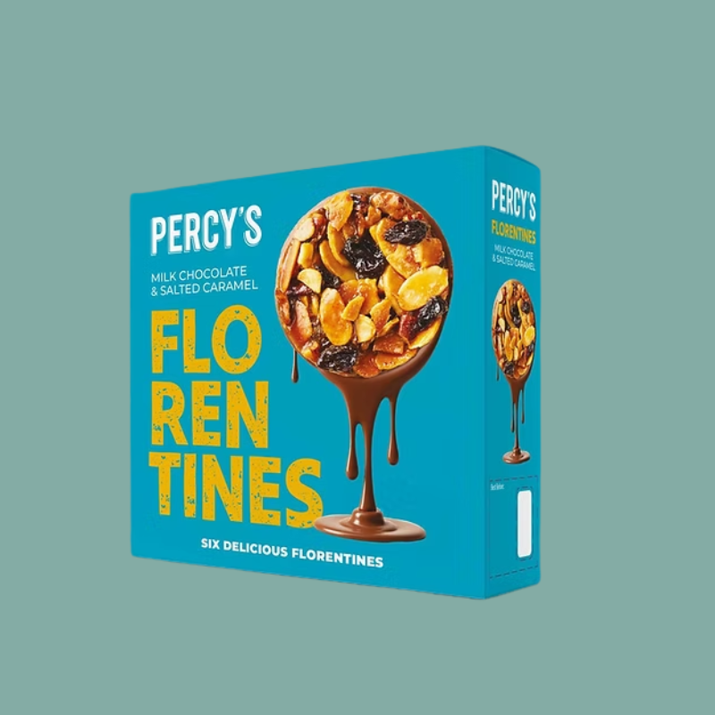 A box of Percy's Florentines on a solid muted teal background. The packaging is bright blue with bold yellow text and features an illustration of a chocolate-dripped Florentine dessert on the front.