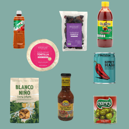 A collage of various Mexican grocery items on a solid teal-green background, including a bottle of Tajin chili powder, a bag of Mexican Chips, a bottle of Jalapeño sauce, a round package of Tortilla de Mar, a can of Waterbox Spicy Marga, a bag of Blanco Niño Corn Tortilla Chips, a bottle of San Miguel Salsa, and a can of Carey Green Peppers.