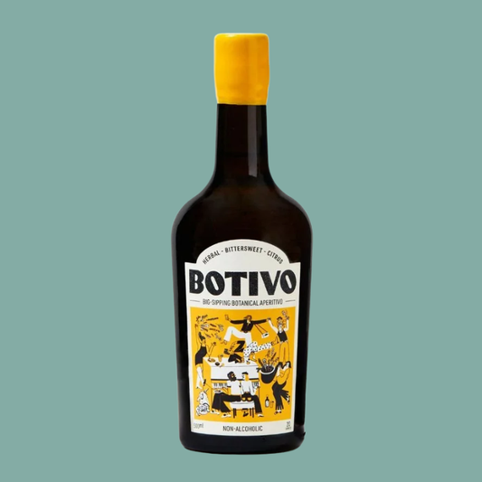 A bottle of Botivo non-alcoholic botanical aperitif with a yellow cap and a yellow-and-white label, centered on a solid muted teal background.