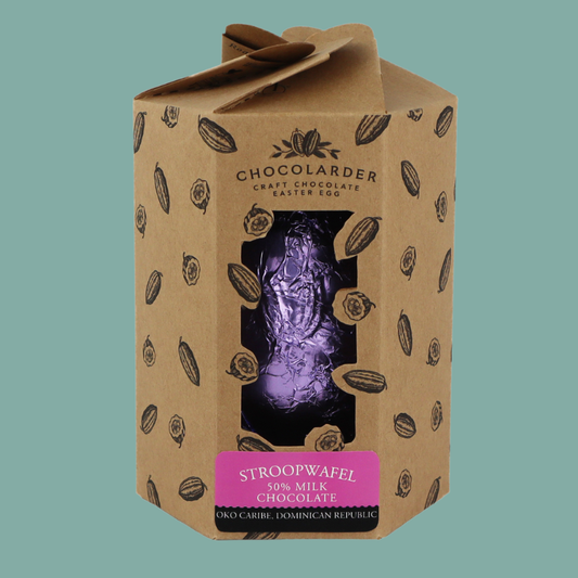 Chocolarder Stroopwafel Easter Egg packaging on a green background
