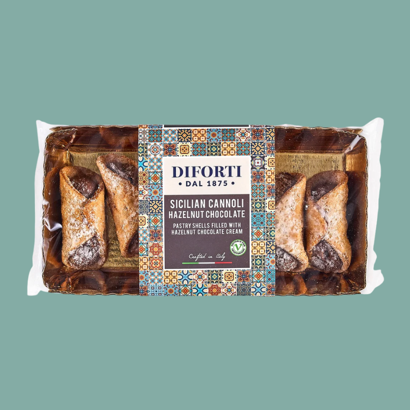 A package of Diforti Sicilian Cannoli Hazelnut Chocolate pastry shells, shown in clear plastic wrapping with a central label, set against a solid teal background.