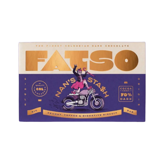 Fatso chocolate bar packaging with a character on a motorcycle and text details.