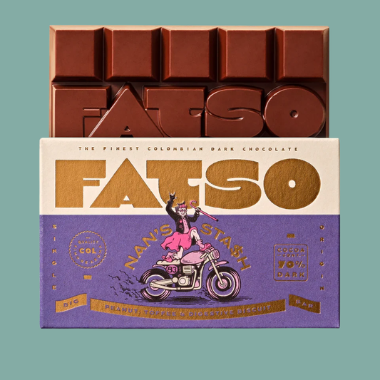 A Fatso chocolate bar product shot showing a dark brown chocolate bar above its illustrated purple and cream packaging box on a solid teal background.