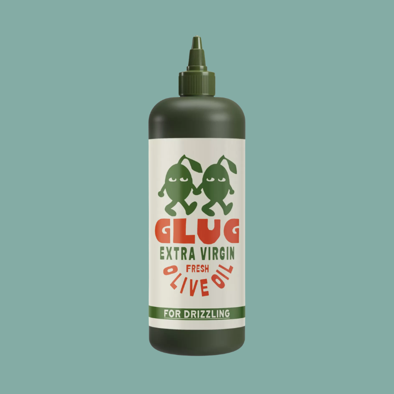 A dark olive green squeeze bottle of Glug Extra Virgin Fresh Olive Oil with a white label and green/red text, centered on a solid teal background.