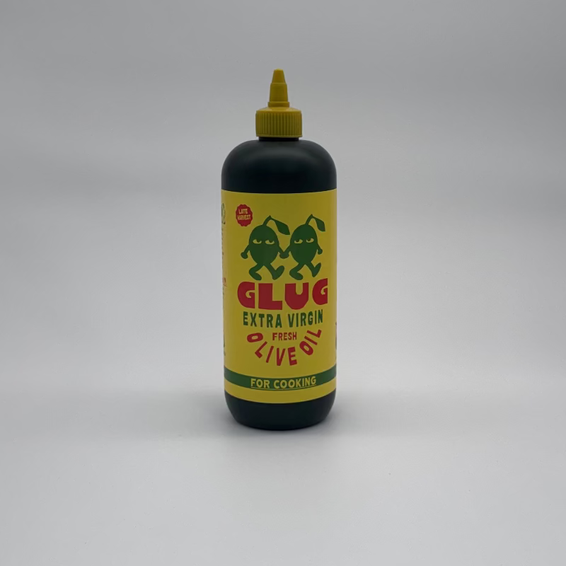 Bottle of Glug Extra Virgin Olive Oil on a white background