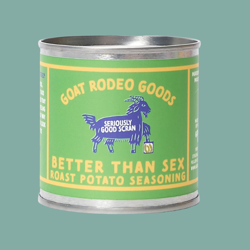Green can of Goat Rodeo Goods roast potato seasoning on a green background
