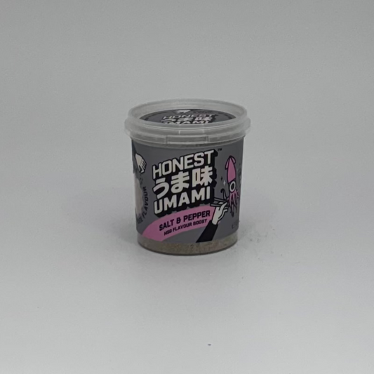 Honest Umami Salt & Pepper on a white background with a light source on the left
