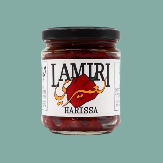 Jar of Lamiri Harissa on a teal background