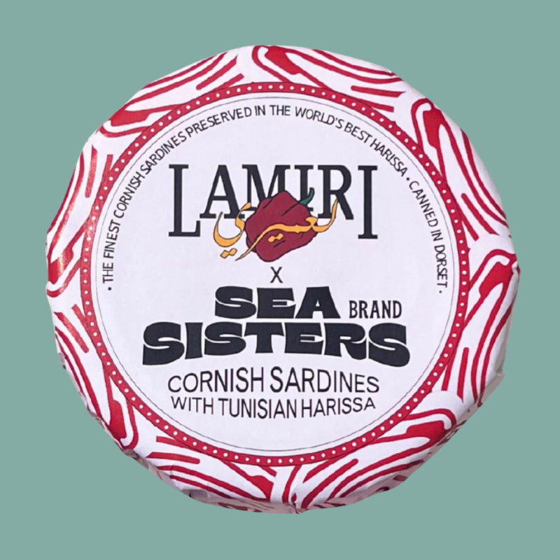 Lamiri x Sea Brand Sisters cornish sardines with Tunisian harissa on a green background