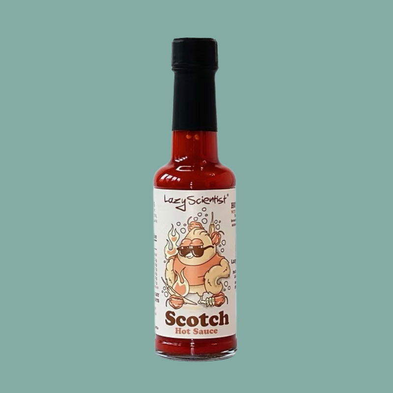 A bottle of Lazy Scientist Scotch Hot Sauce 