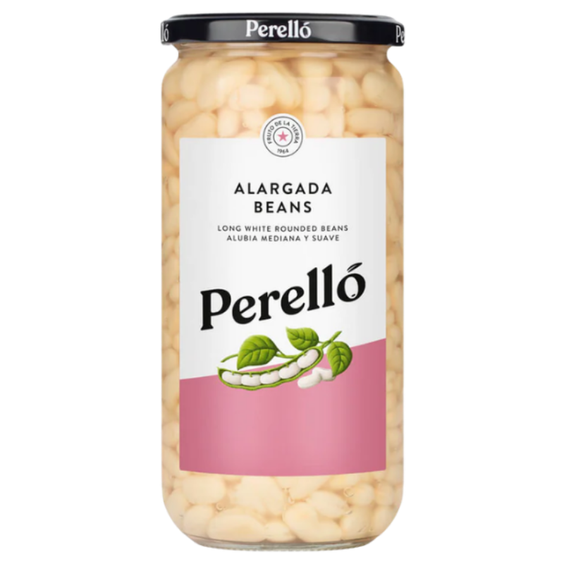 Jar of Perello beans on a white background