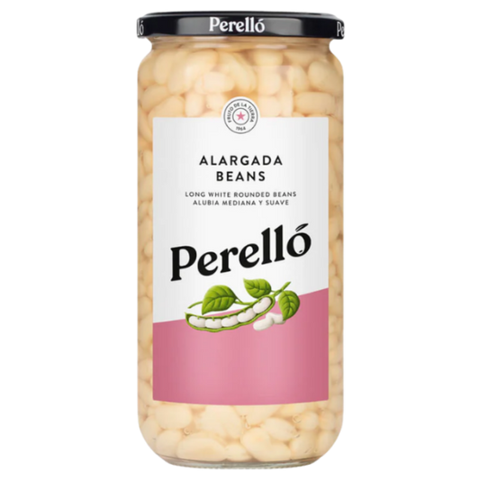 Jar of Perello beans on a white background