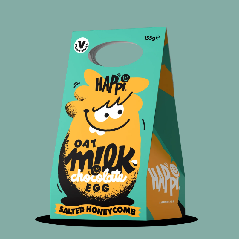 Carton packaging of a milk chocolate egg with a cartoon character on a teal background