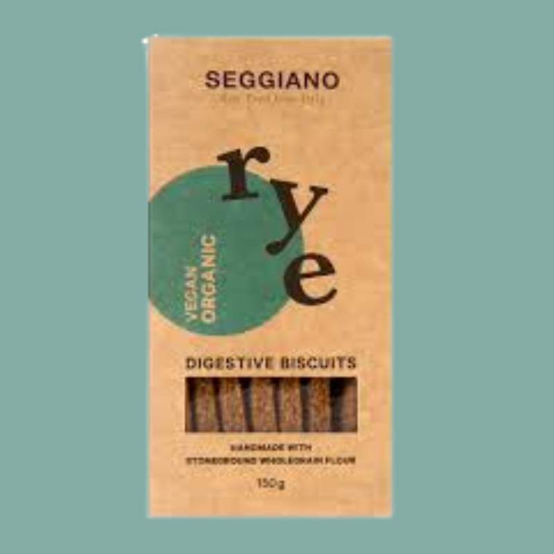 Packaging of Seggiano rye digestive biscuits on a teal background