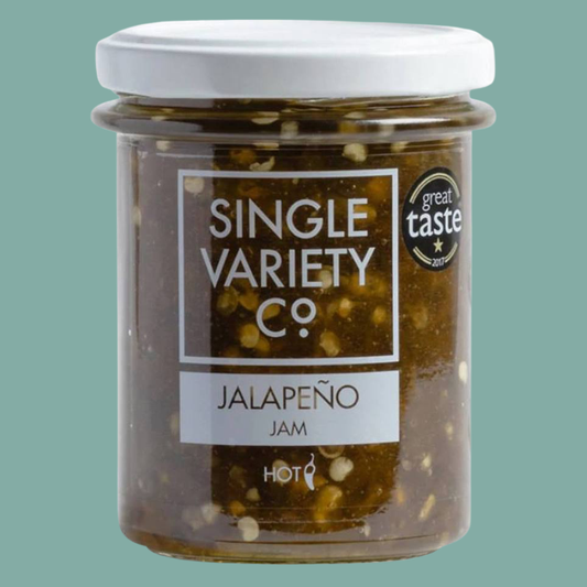 Jar of jalapeño jam with 'Single Variety Co.' label on a green background