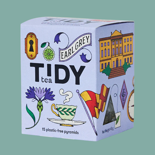 Tidy tea packaging with illustrations on a green background