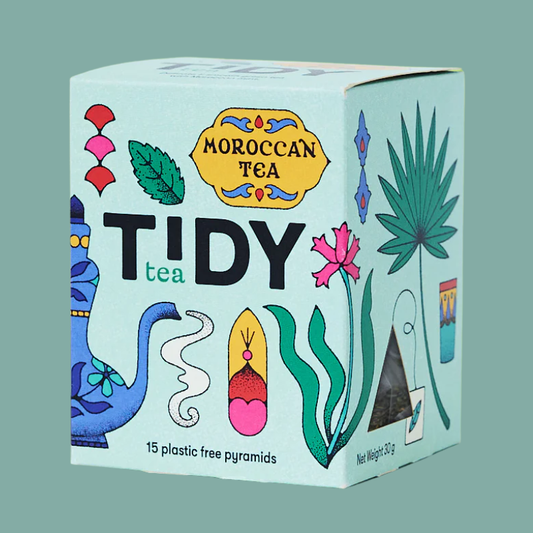 Tidy tea packaging with Moroccan Tea branding on a teal background