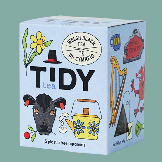Tidy tea packaging with illustrations and text on a green background